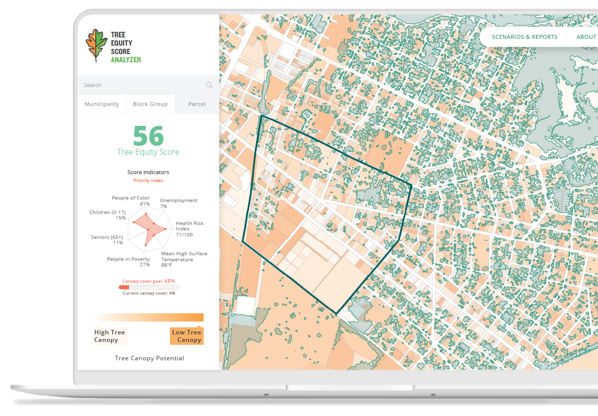 This is a picture of a laptop displaying the TESA application. On the left, there is a sidebar detailing block group data related to tree equity. On the right, there is a map with parcel and right-of-way geometries. Tree canopy outlines are also included in the map.